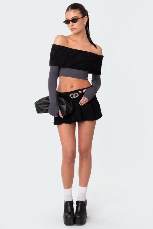 Washed Denim Pleated Micro Skort